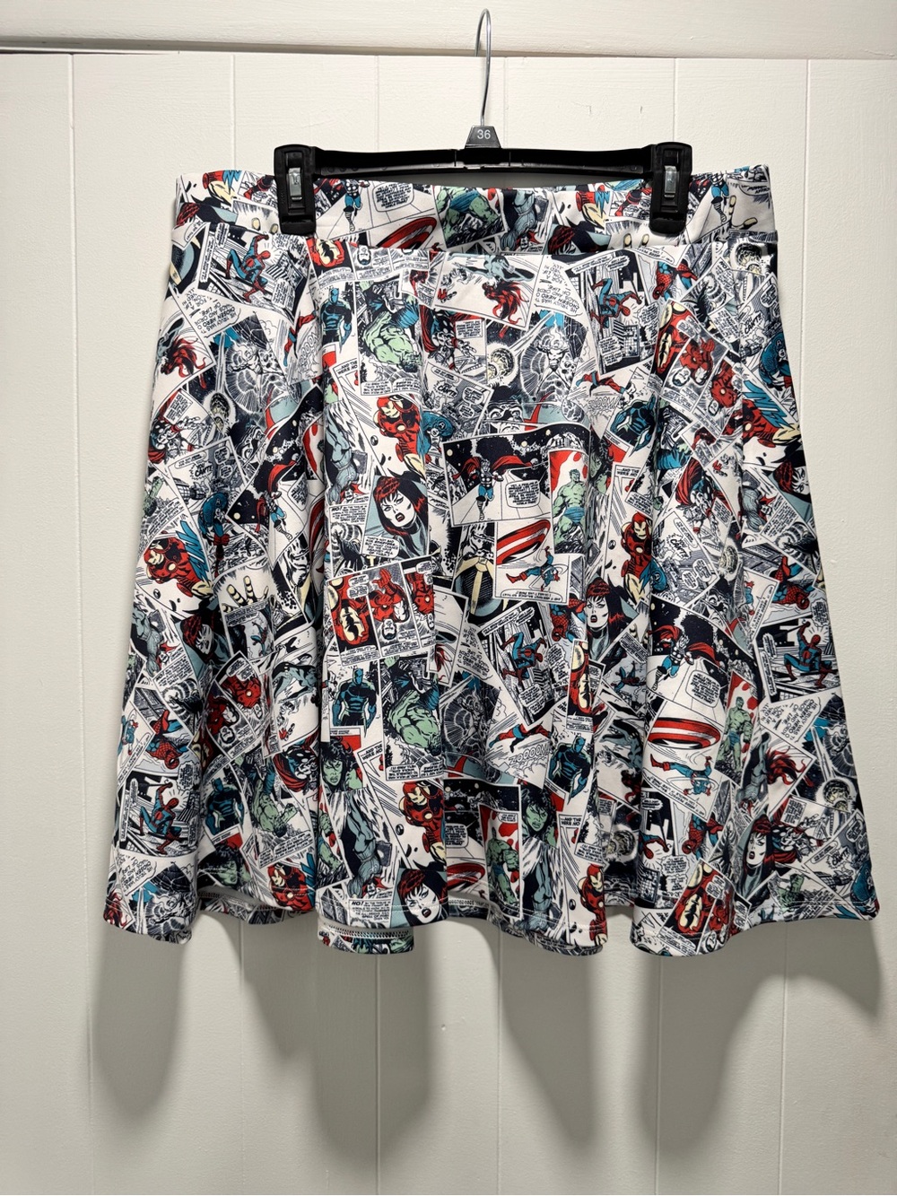 Marvel Comic-Panel Circle Skirt - White with Red, Blue, Green, Black. Torrid.